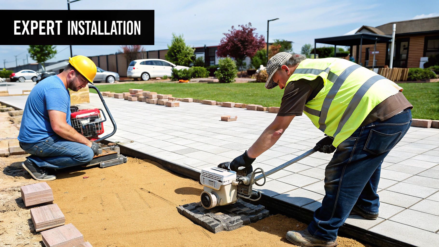 A team of professionals meticulously laying pavers for a new patio installation in Austin.