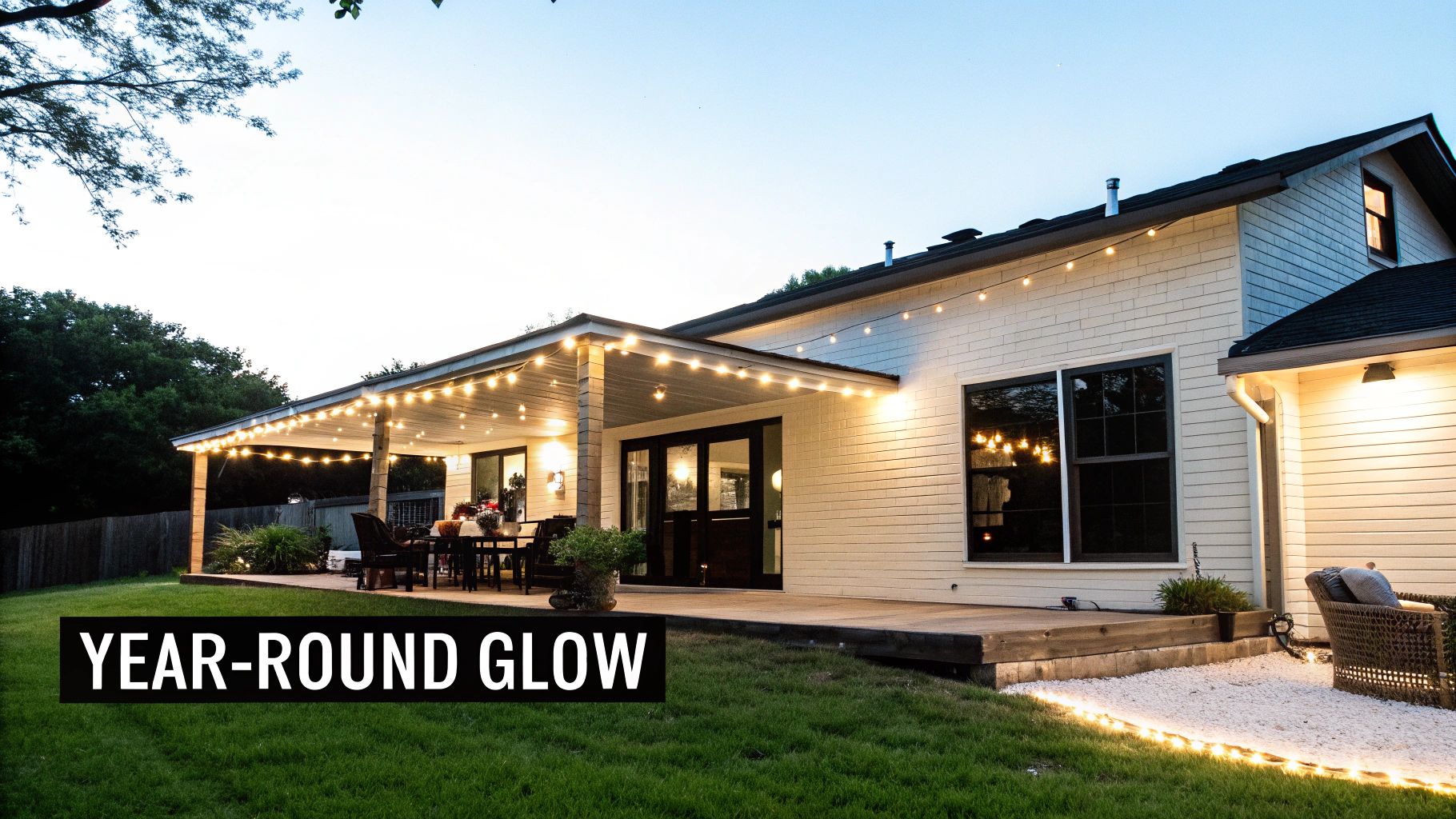 A house exterior with a patio, outdoor dining area, and string lights glowing at dusk.