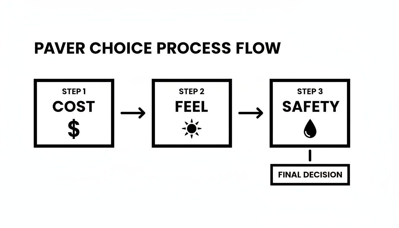 Flowchart illustrating the paver choice process, detailing steps for cost, feel, and safety, leading to a final decision.