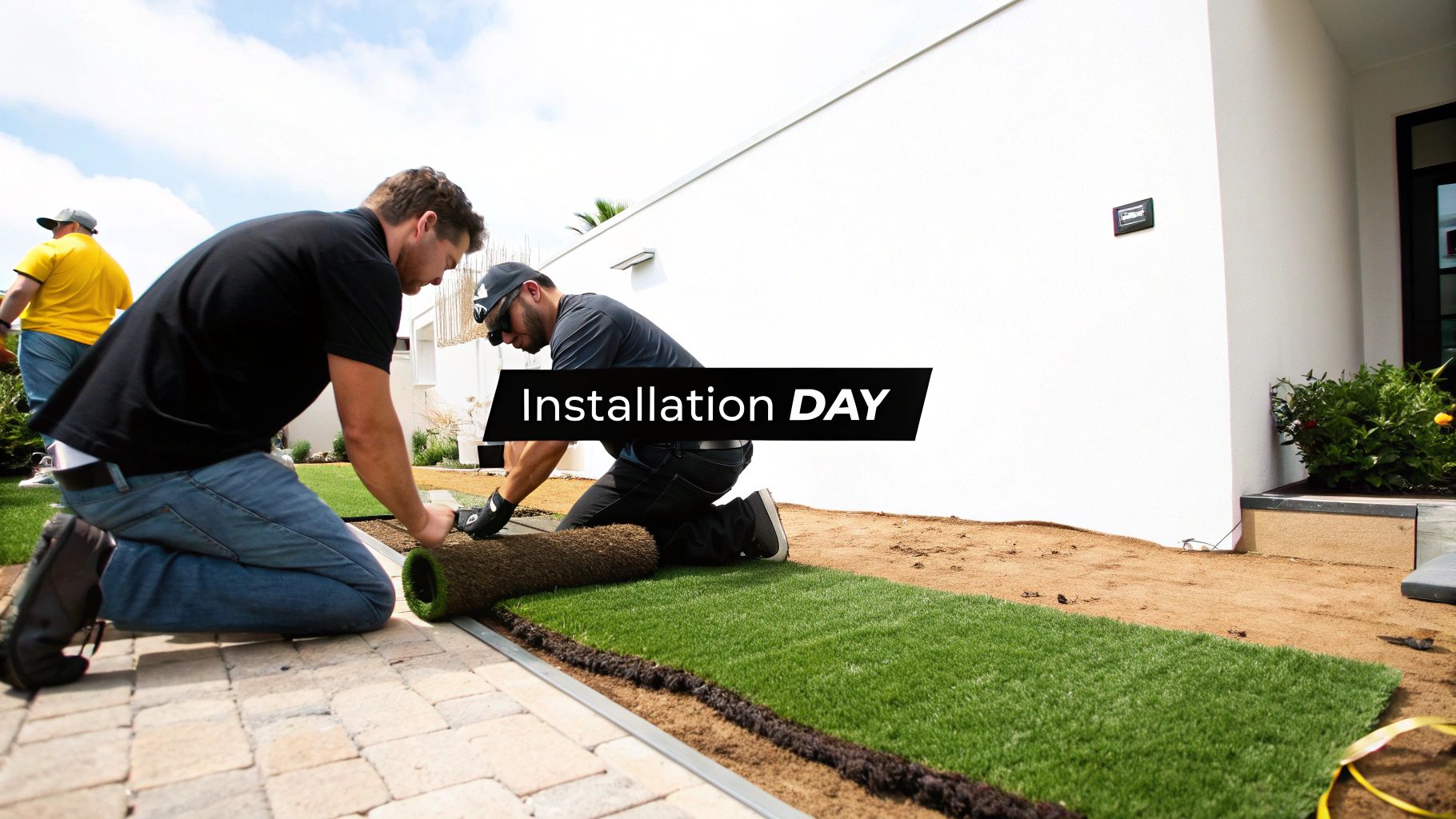 Two men are installing artificial turf, unrolling green grass onto a dirt area next to a paved patio.