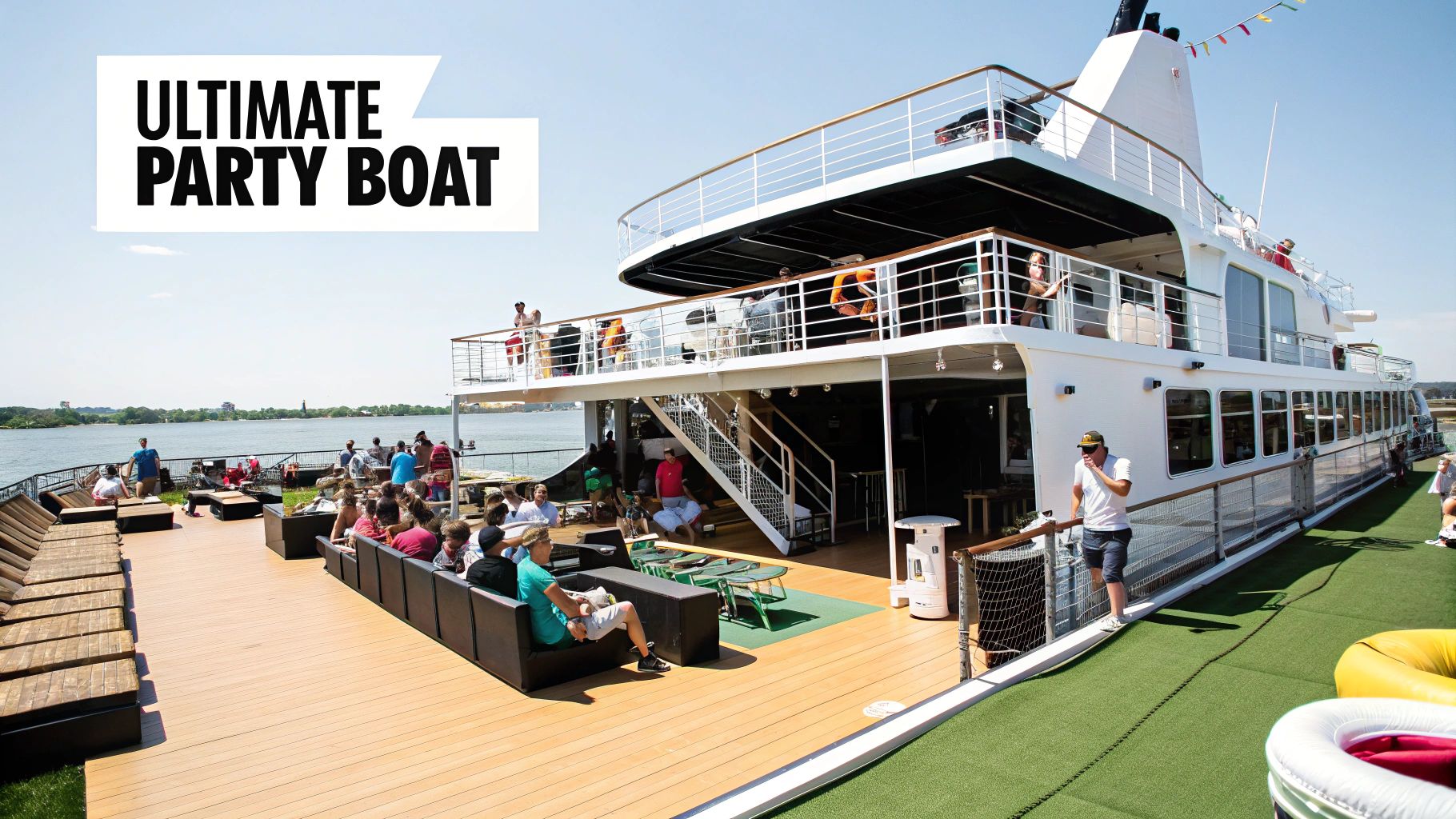 A large double-decker boat filled with people enjoying a sunny day on the water, labeled 'Ultimate Party Boat'.