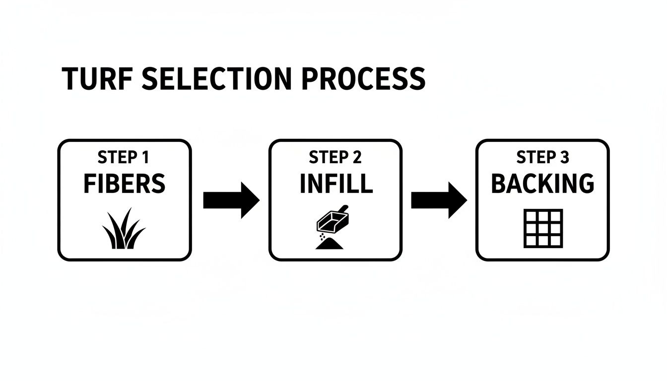 Flowchart outlining the turf selection process: Step 1 Fibers, Step 2 Infill, and Step 3 Backing.
