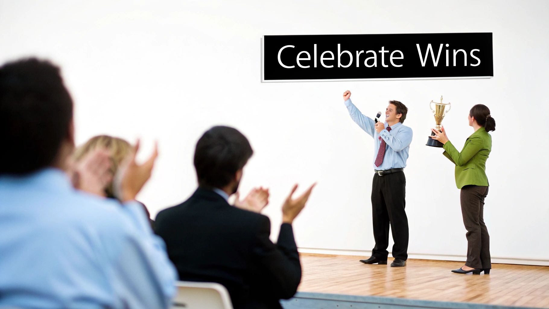 Business professionals celebrating employee achievement with trophy and applause during corporate awards ceremony