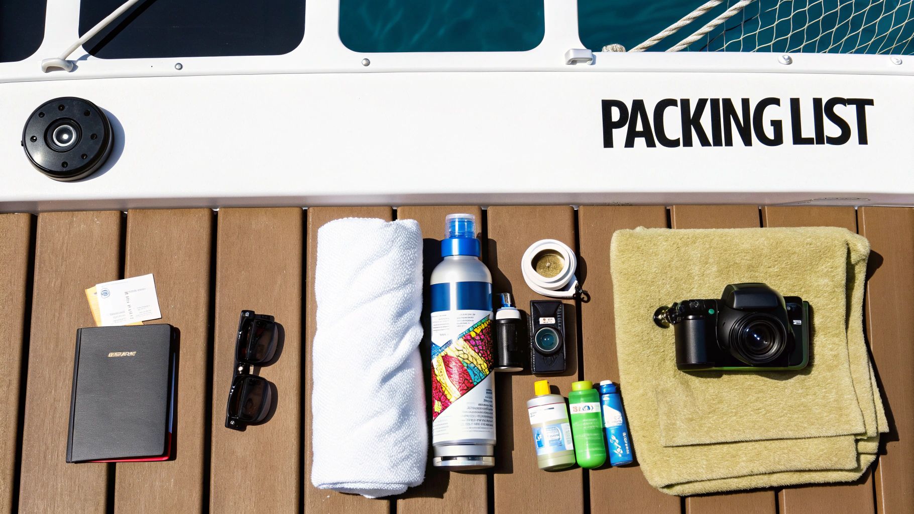 A flat lay of travel essentials on a boat deck, including a camera, toiletries, and towels.