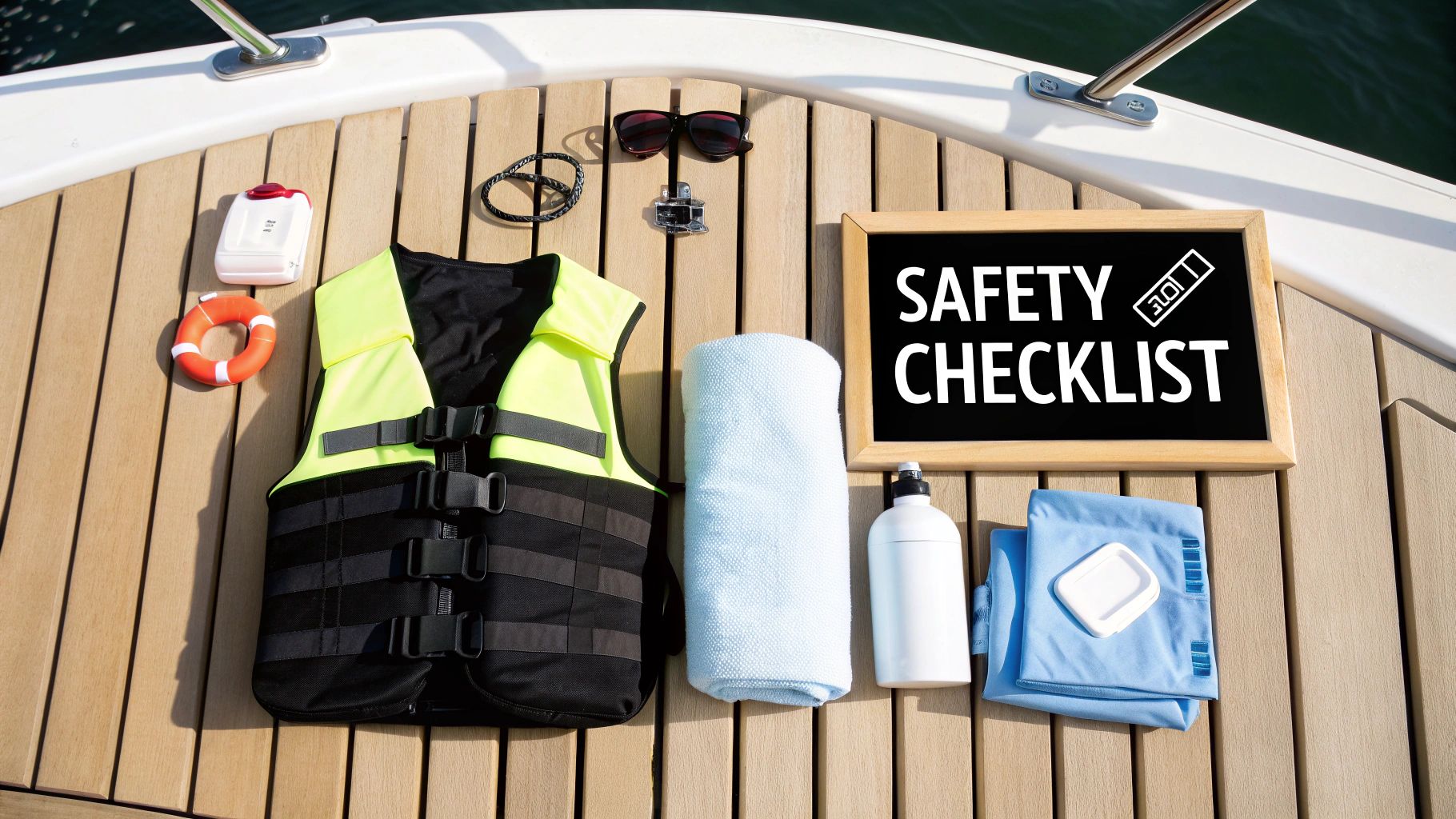 Boating safety essentials including a life jacket, a life preserver, sunglasses, and a 'SAFETY CHECKLIST' sign laid out on a boat deck.
