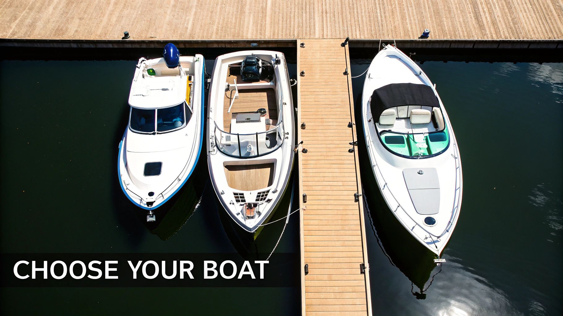 An aerial view of three diverse boats docked at a marina, with a wooden pier and dark water.