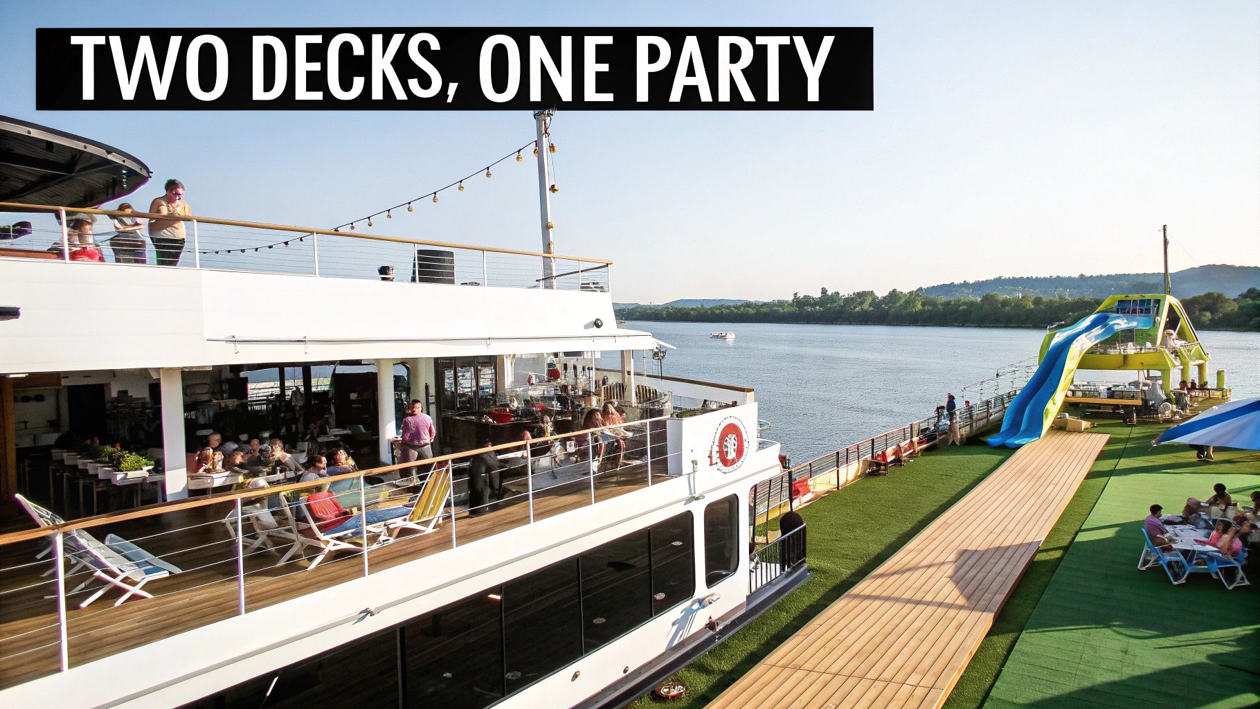 A bustling double-decker party boat with multiple decks, a water slide, and people enjoying the sunny river.
