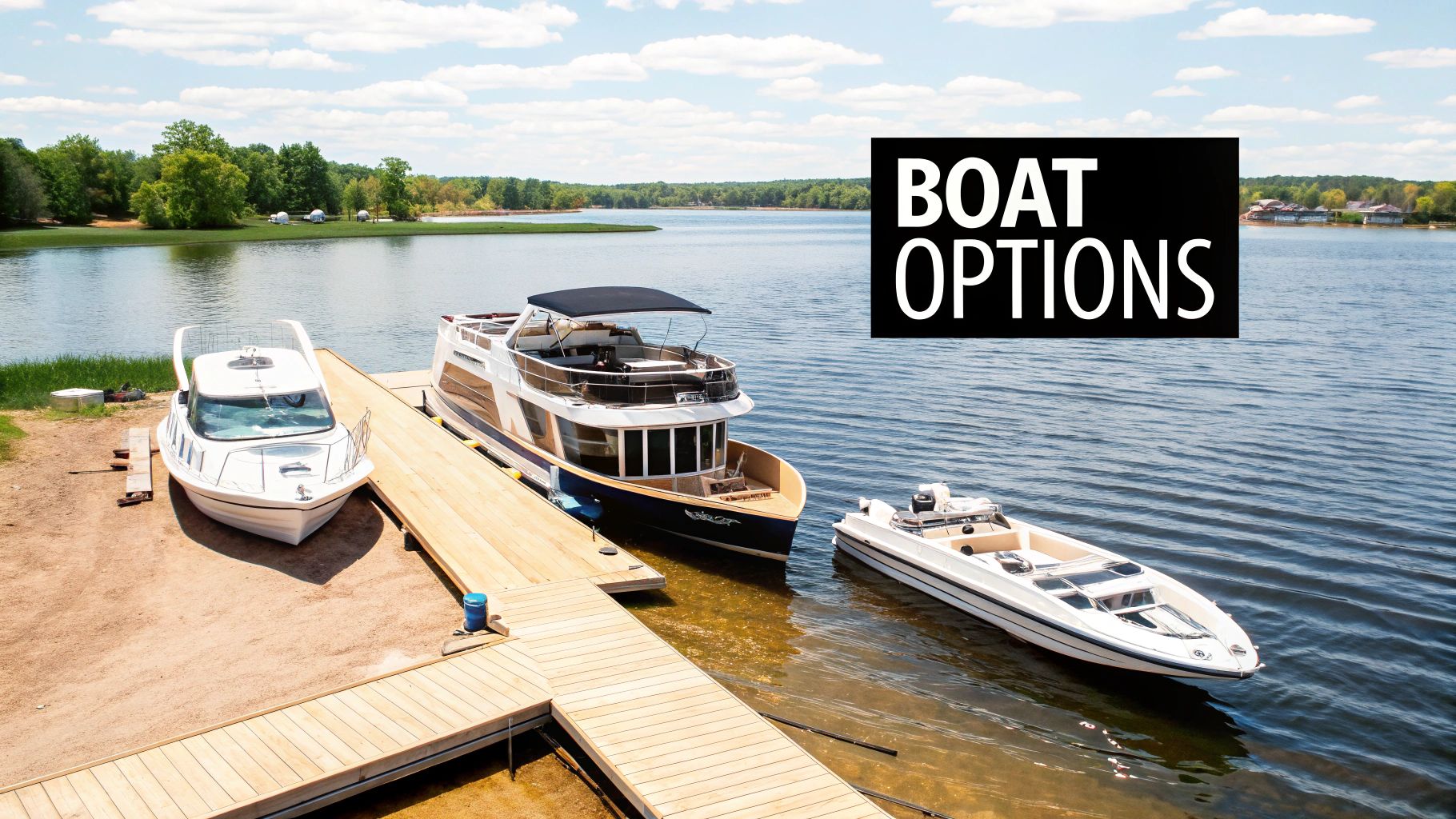 Three boats on a lake shore with a wooden dock and green trees under a blue sky.