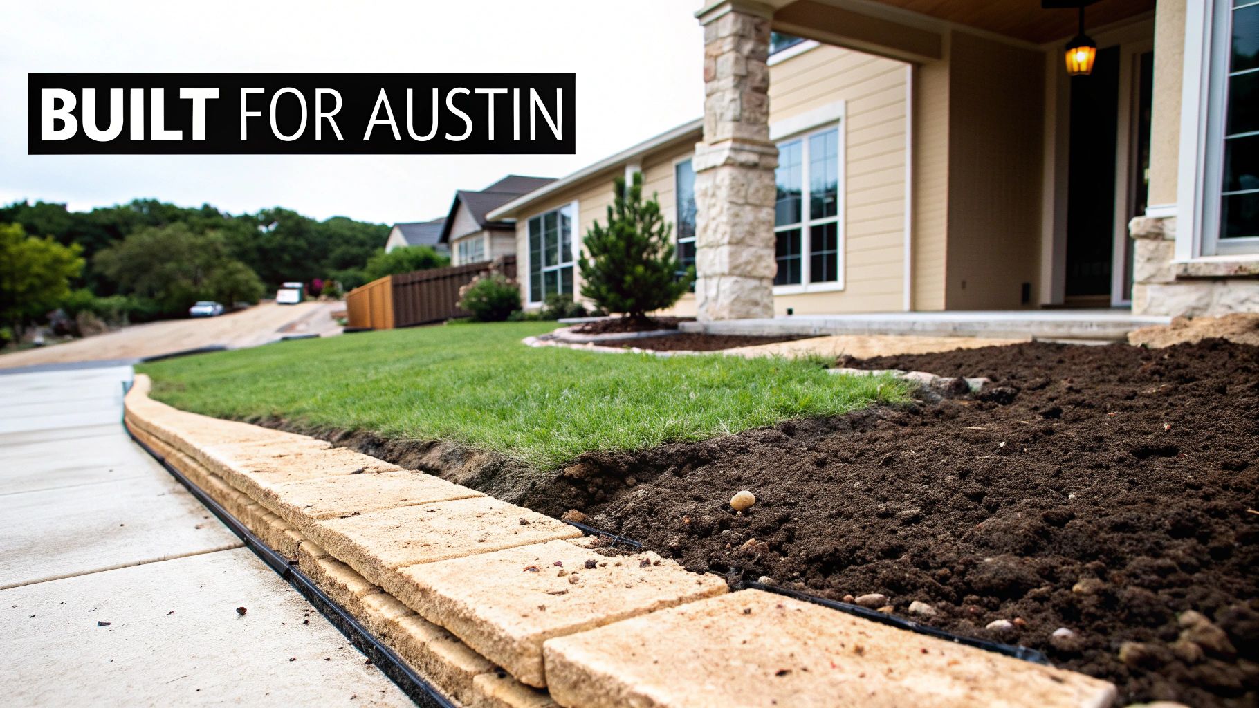 A newly built house in Austin with fresh landscaping, featuring a retaining wall and green grass.