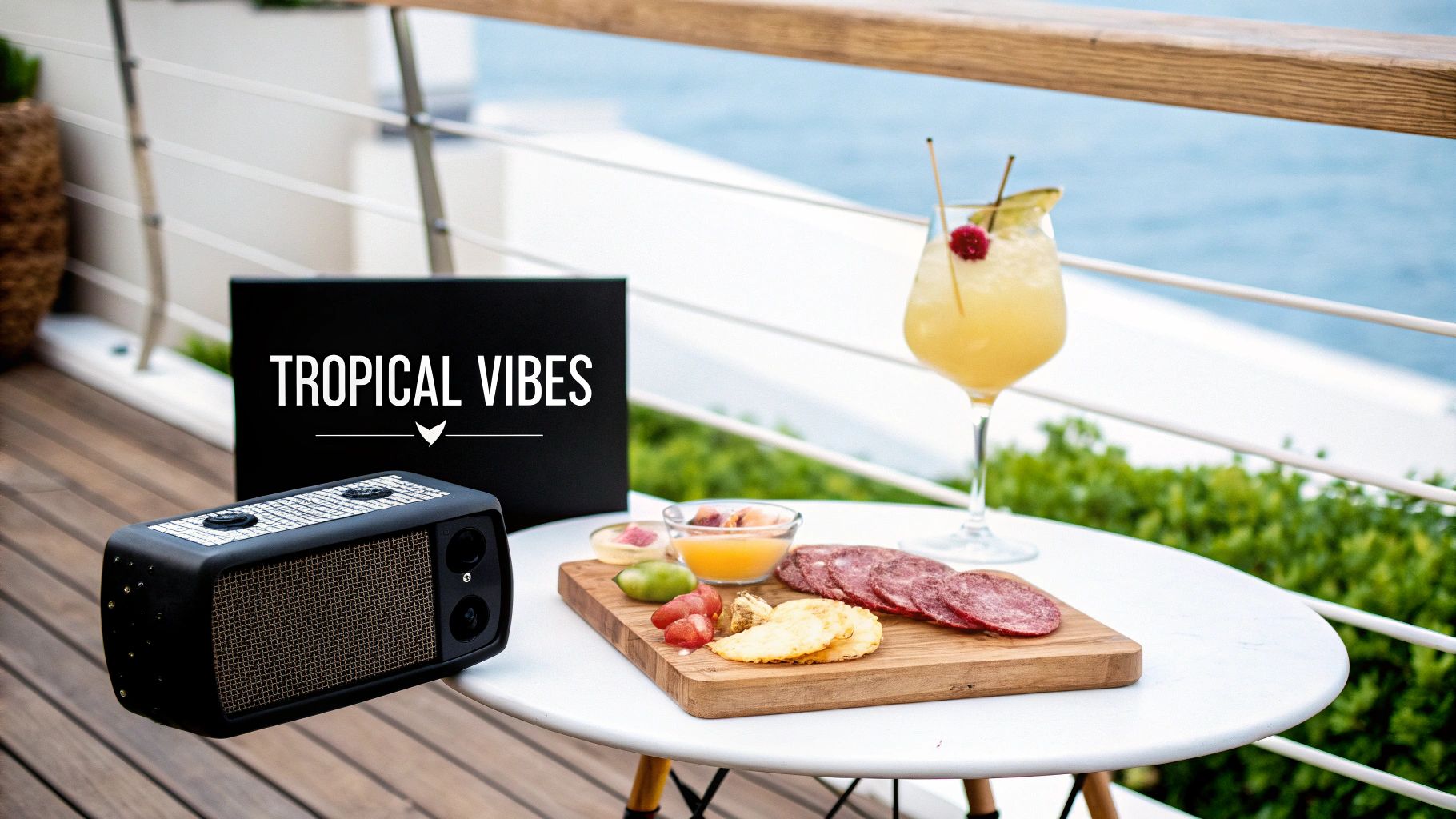 People toasting drinks on a party boat on a lake.