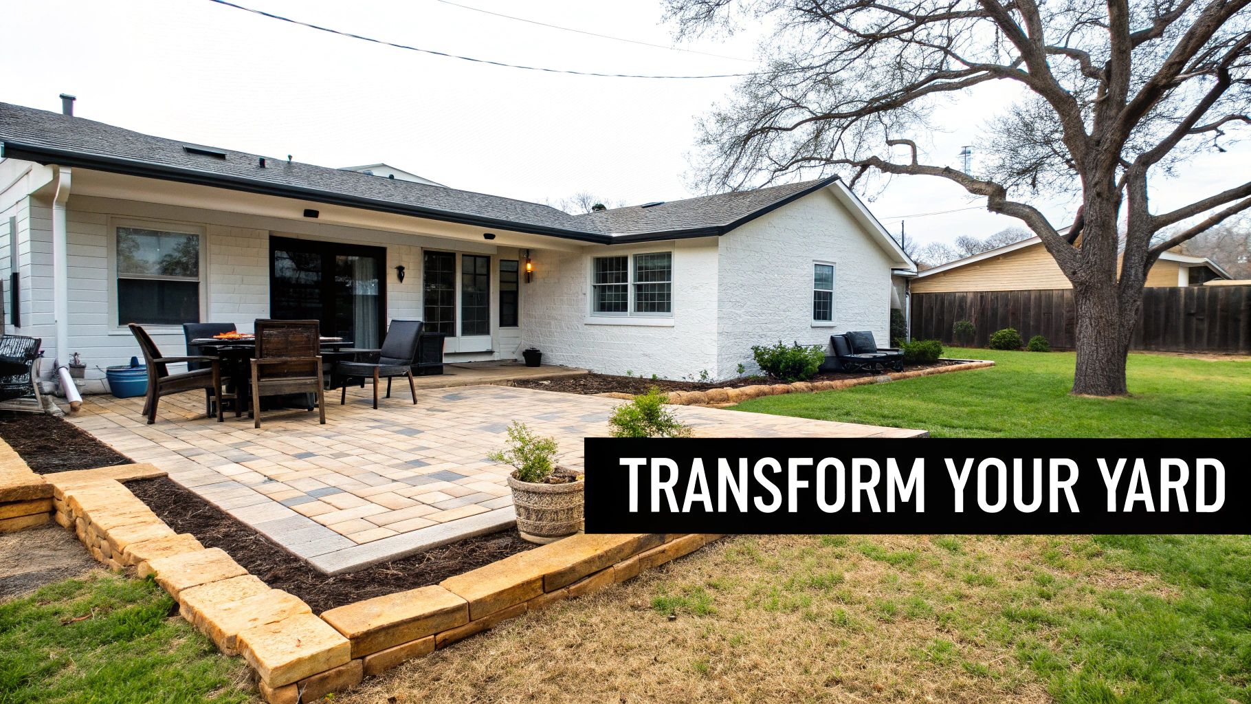A beautifully transformed backyard featuring a new interlocking paver patio with outdoor furniture and a white house.