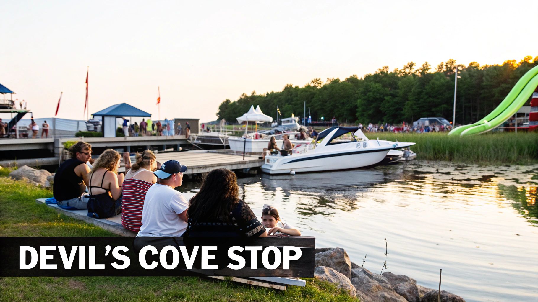 People relax by a lake with boats docked and a large water slide under a golden sky.