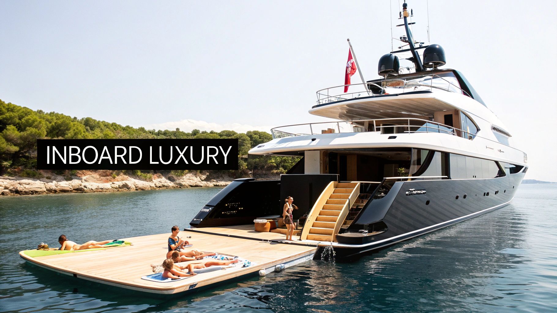 People relax on a spacious wooden platform next to a luxurious superyacht in a calm, clear bay.