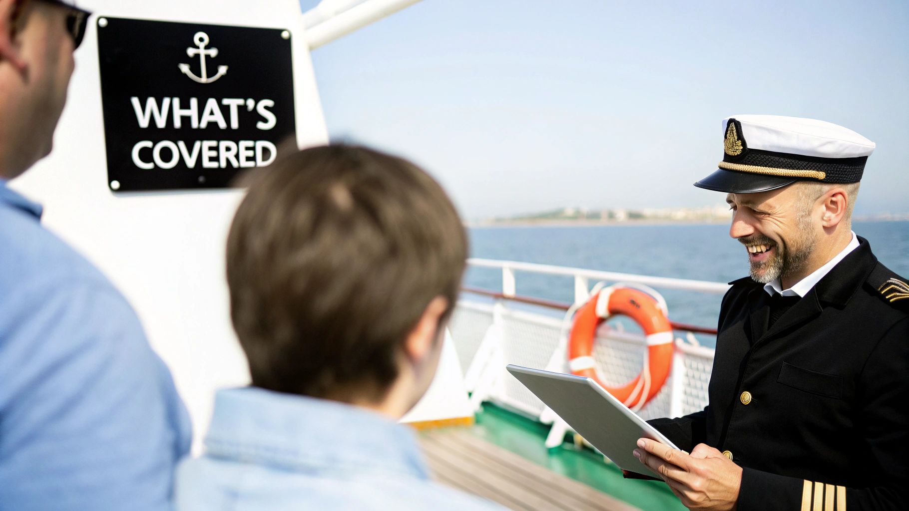 A smiling captain in uniform on a boat explains policy details on a tablet to two guests by a 'What's Covered' sign.