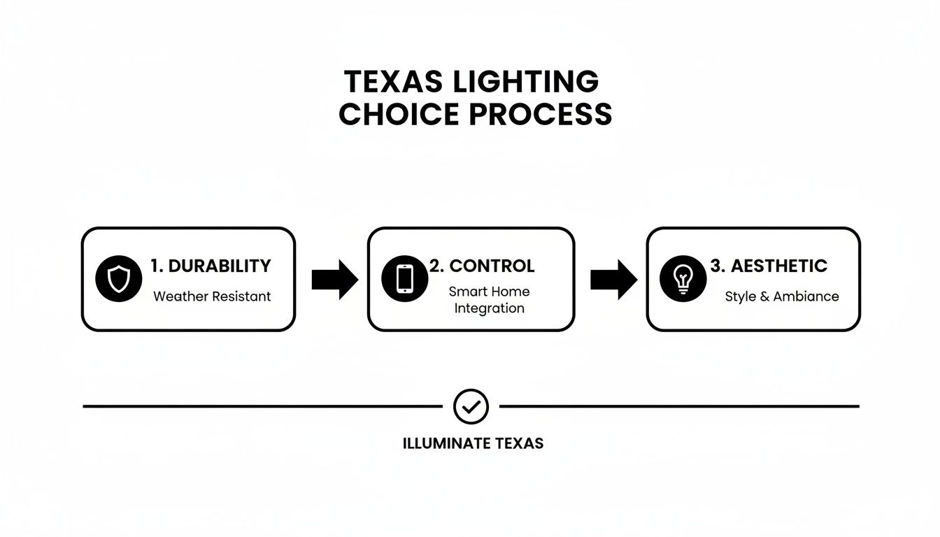 Flowchart showing Texas lighting choice process: durability, control, and aesthetic for illumination.