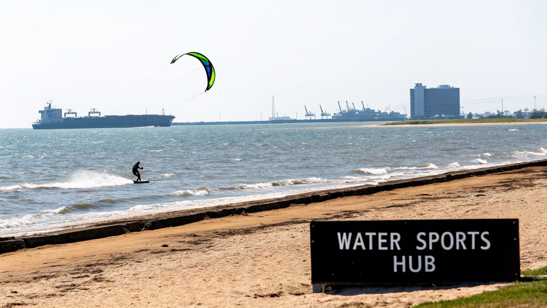 A person kitesurfing near a beach with a 'WATER SPORTS HUB' sign, cargo ship, and industrial port.