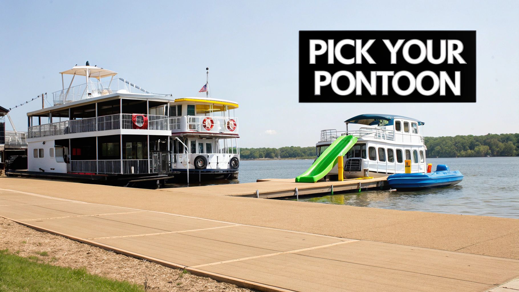 Two large boats docked on a sunny lake with a pier, under a sky with 'PICK YOUR PONTOON' text.