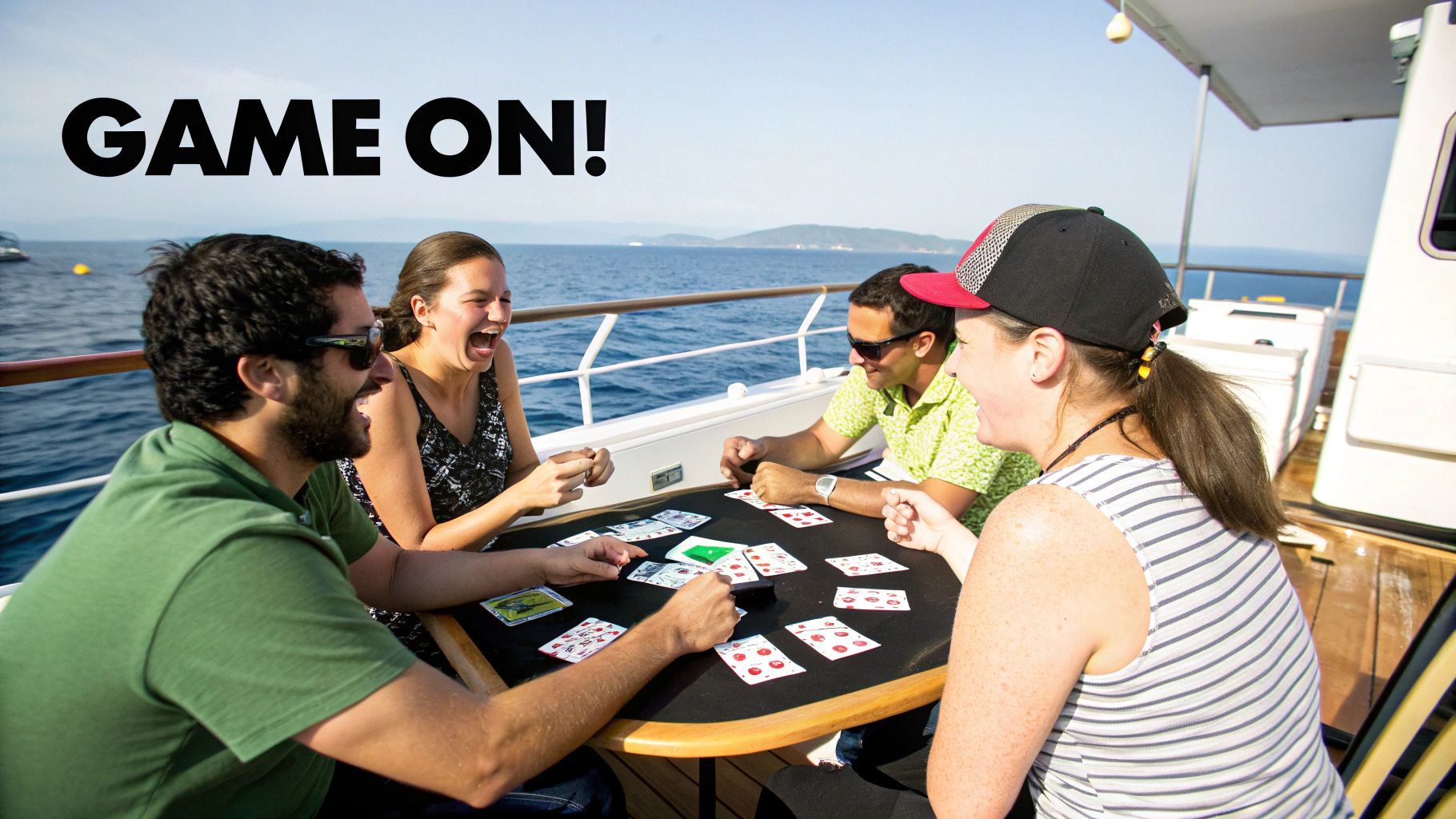 A group of friends laughing on the deck of a boat during a bachelorette party.