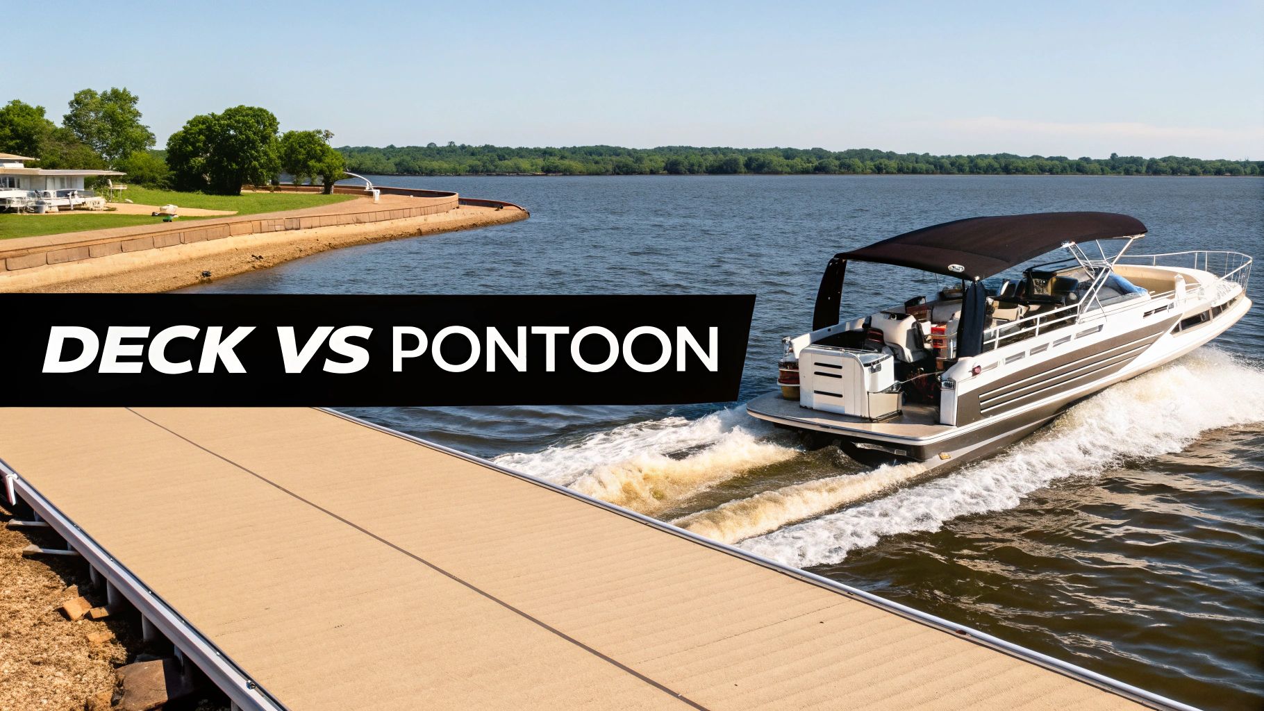 A pontoon boat speeding past a dock on a sunny day with 'DECK VS PONTOON' text.