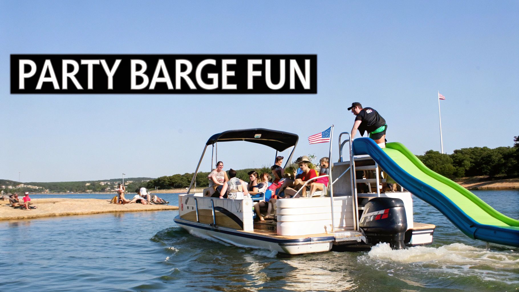 People enjoy a sunny day on a party barge with a water slide on Lake Travis.