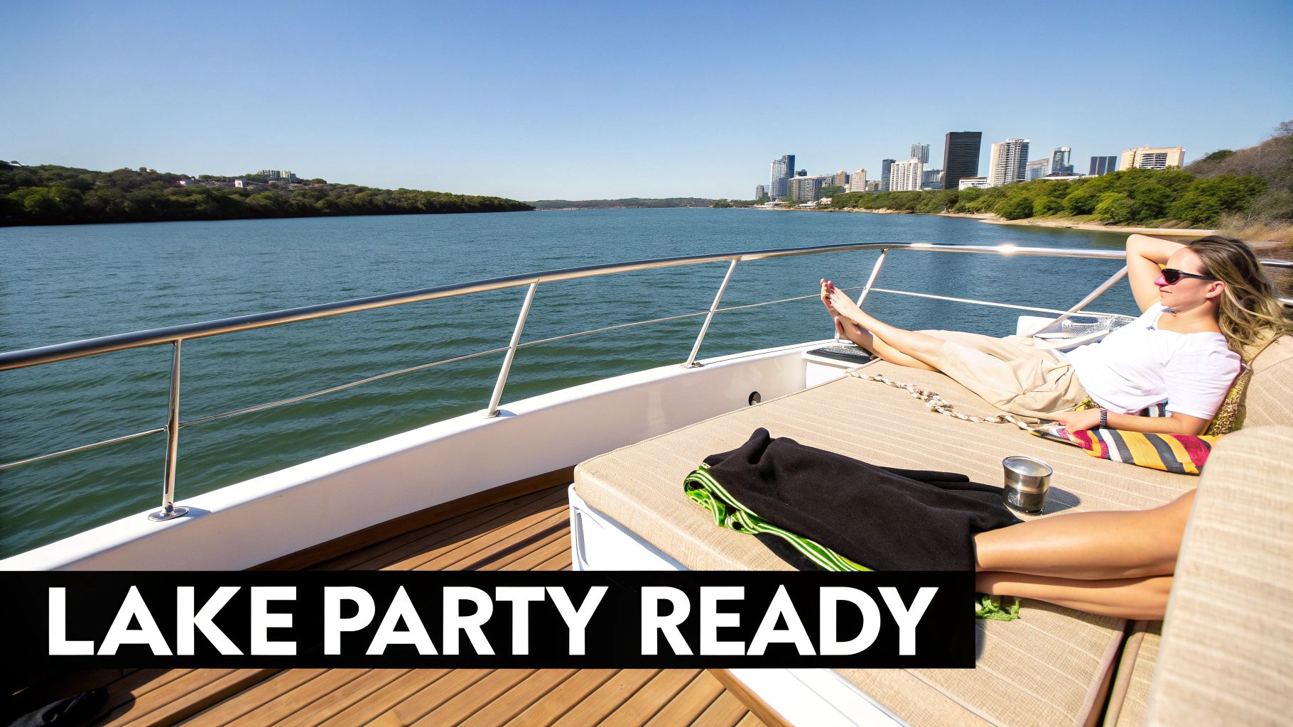 A woman in sunglasses and casual clothes relaxes on a boat deck on a sunny day.