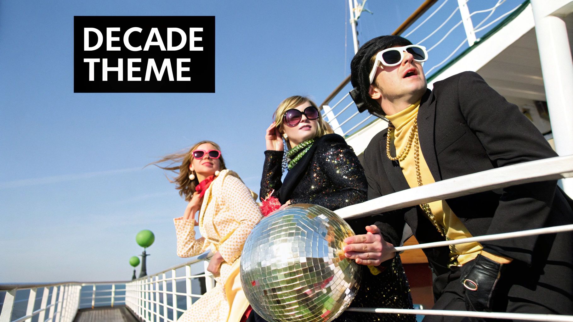 Three people in retro outfits on a ship deck with a disco ball, celebrating a decade theme.