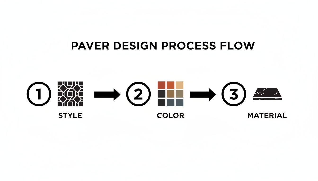 A visual flowchart outlining the paver design process, detailing steps for style, color, and material selection.