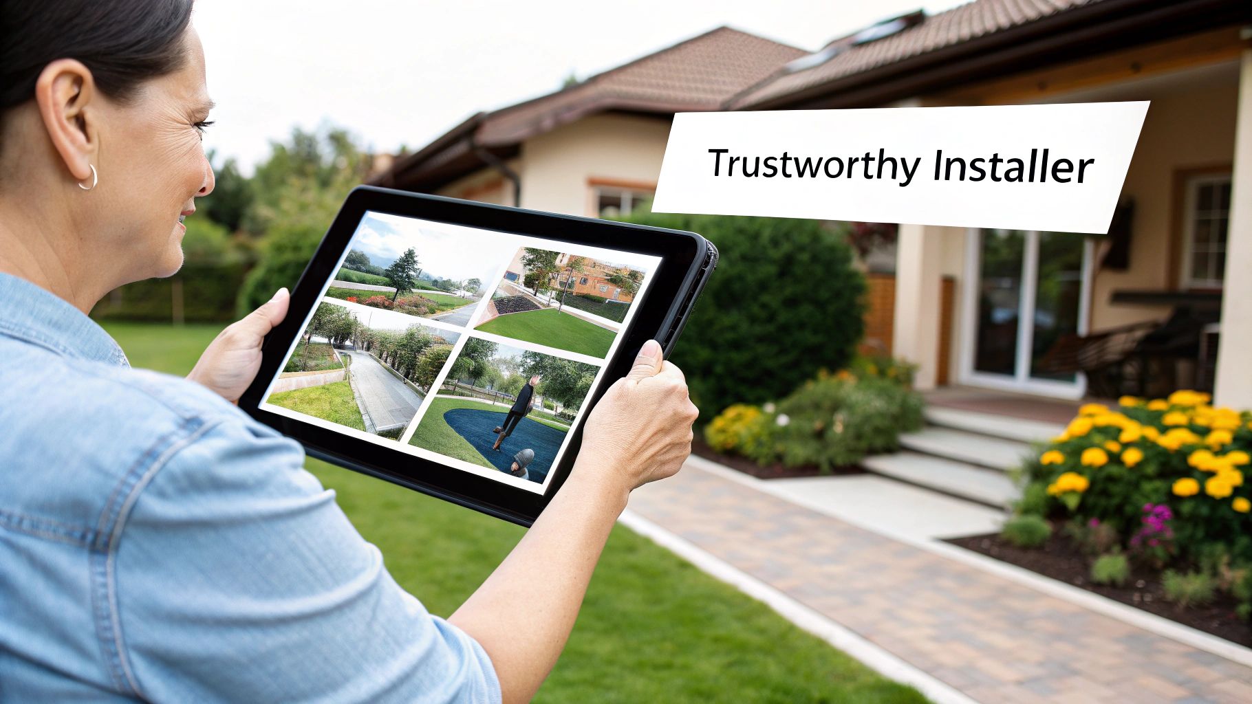 A professional turf installer kneels on a new lawn, carefully securing an edge.