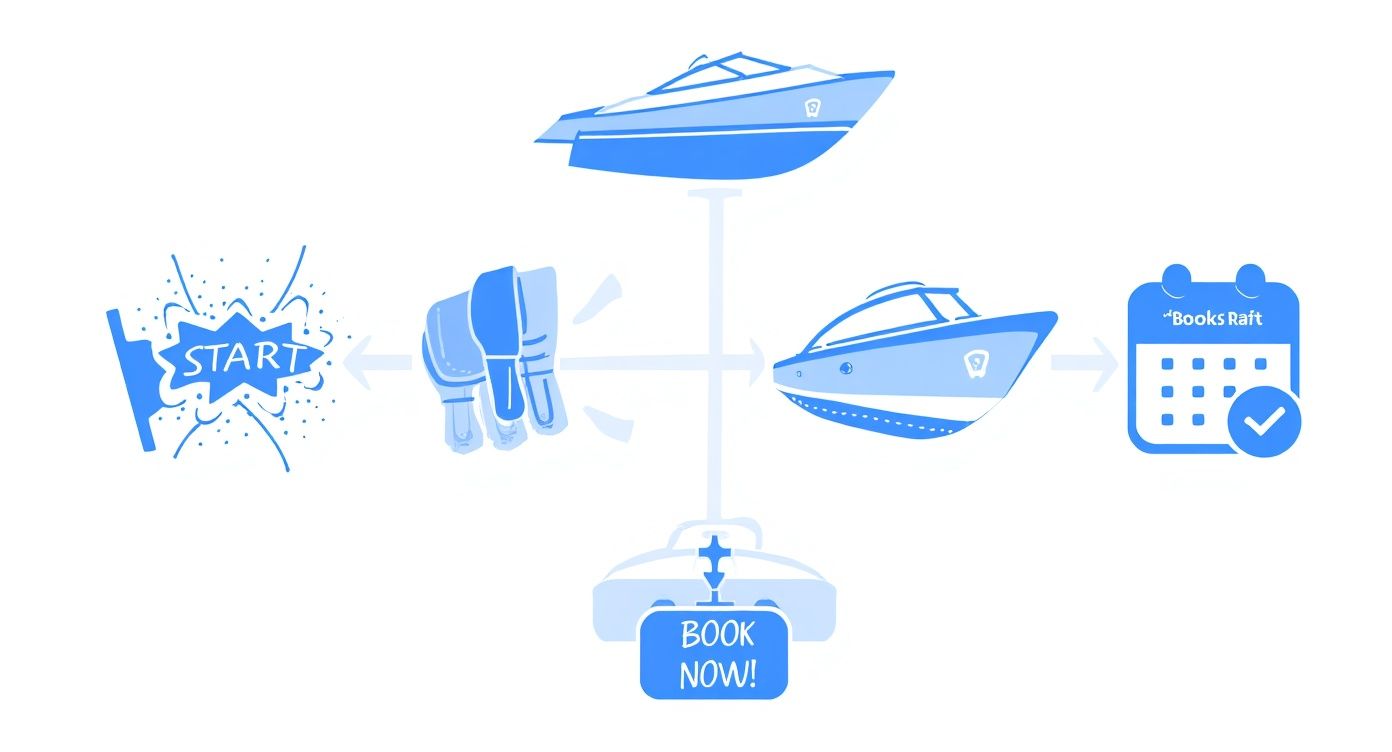 Flowchart illustrating the process of booking a boat, from start to confirmed reservation.