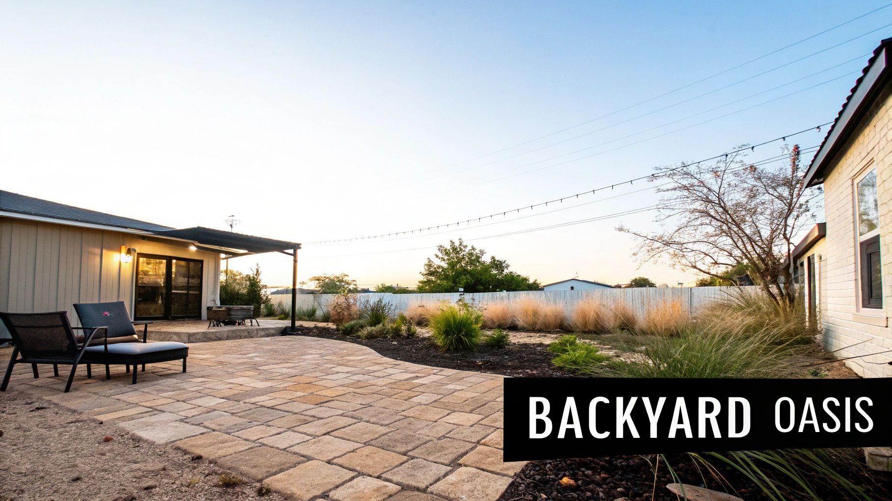 A serene backyard oasis featuring stone pavers, comfortable lounge chairs, and string lights at dusk.