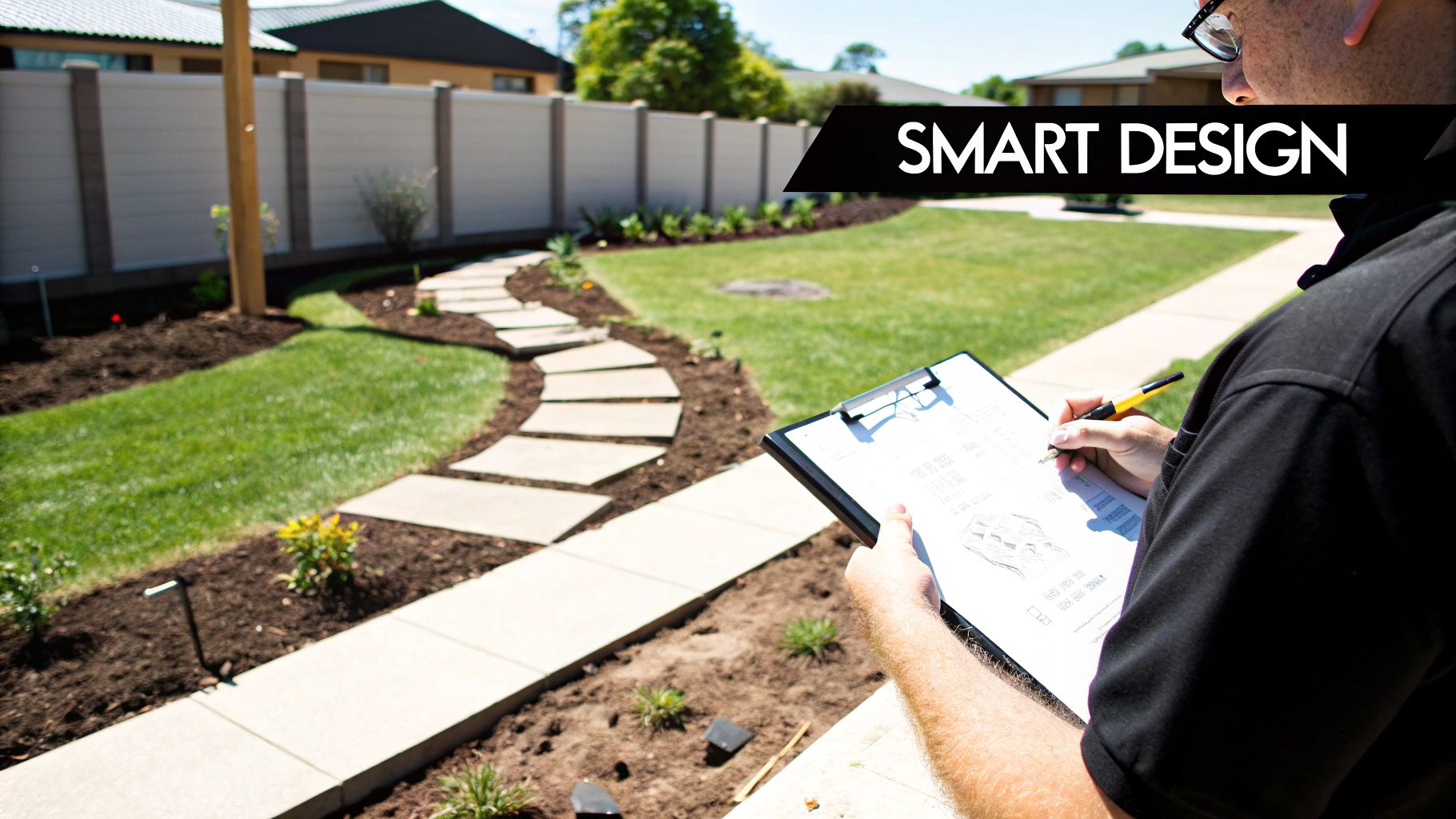 A person reviews landscape plans on a clipboard in a newly designed backyard with a stone path.