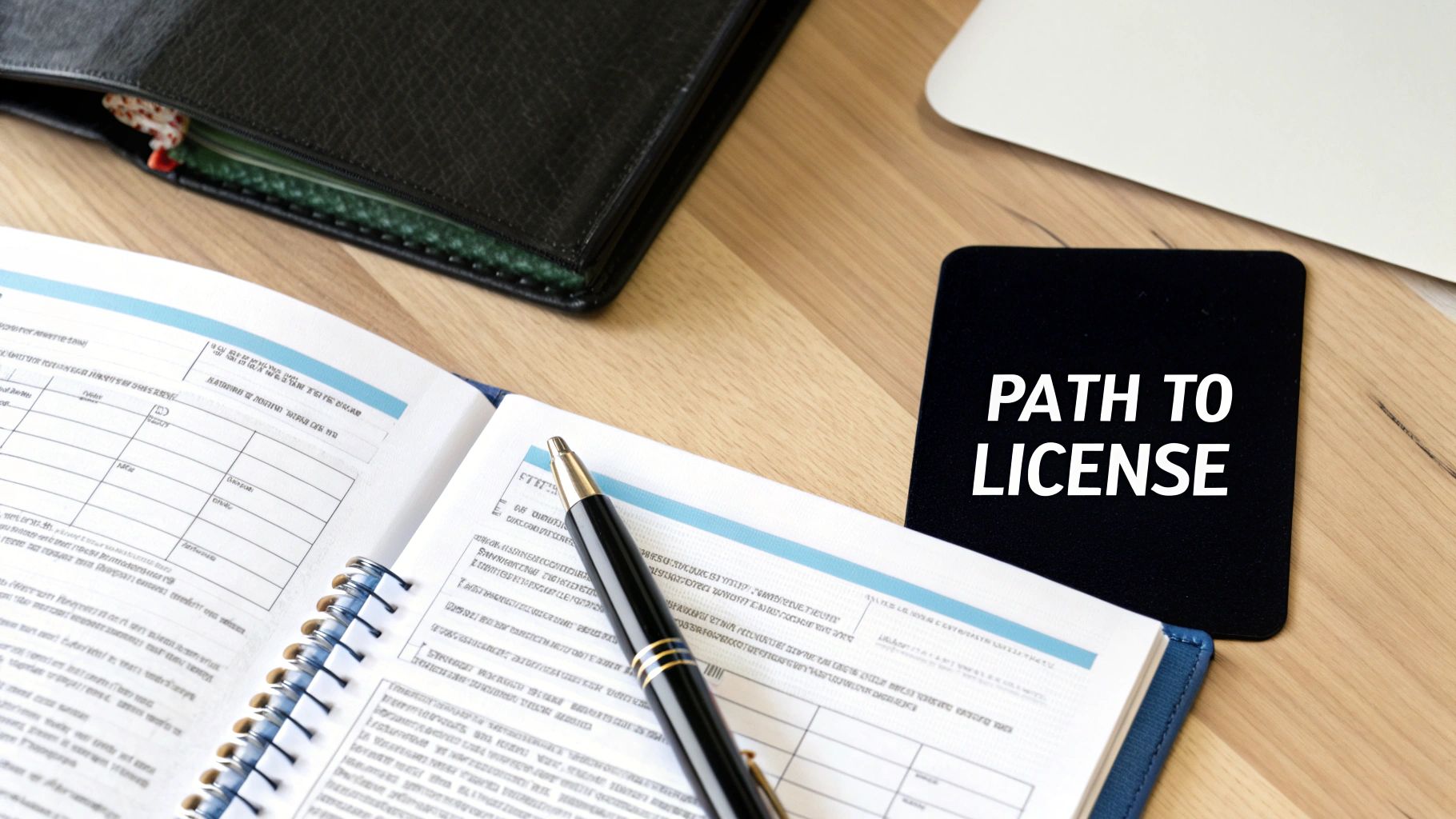 An open notebook, pen, and a pad with 'PATH TO LICENSE' on a wooden desk.