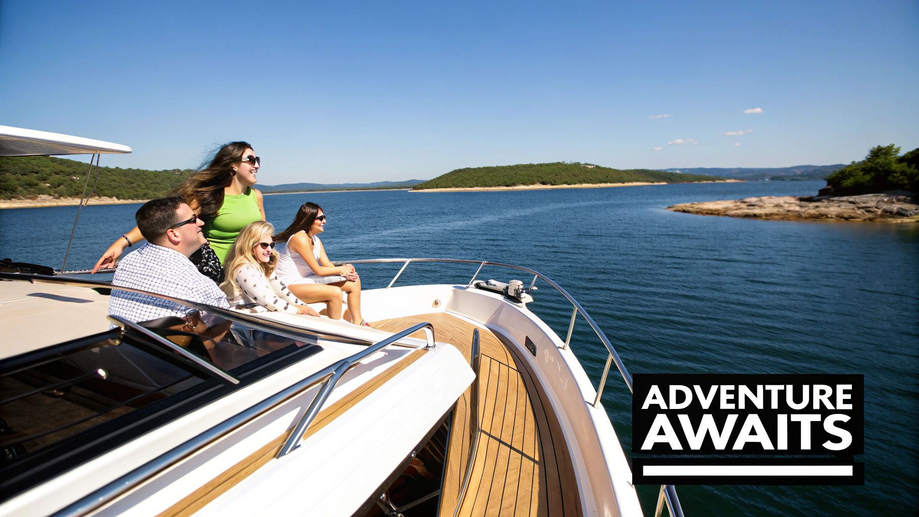 Four happy people on a yacht, enjoying a sunny day on a lake with islands in the distance.