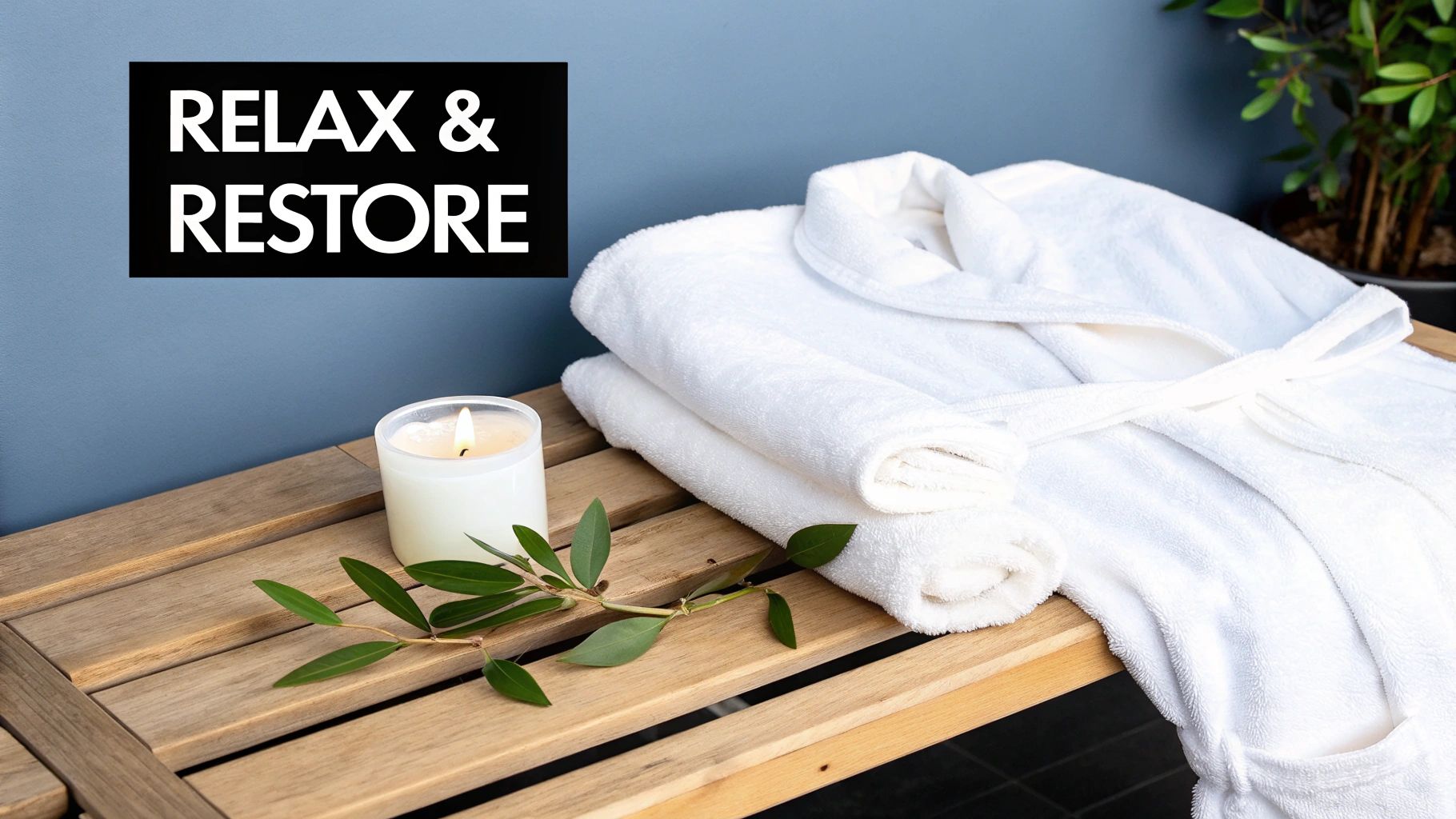 White bathrobe, rolled towels, a lit candle, and green leaves on a wooden bench, evoking relaxation.