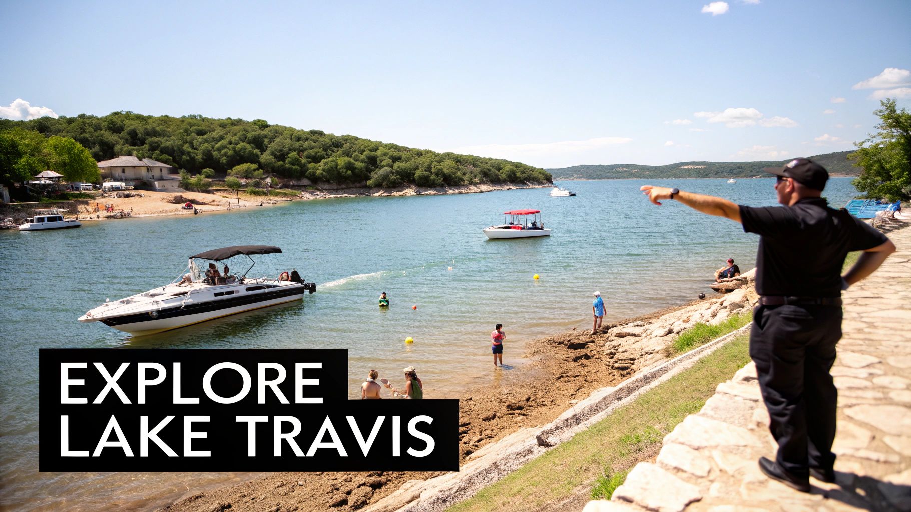 People enjoying a sunny day at Lake Travis with boats, swimming, and a man pointing.