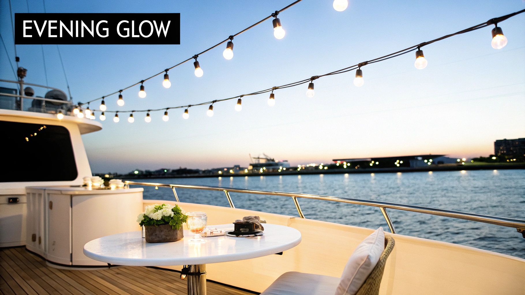 Evening glow on a yacht deck with string lights, a table, and city lights reflecting on water.