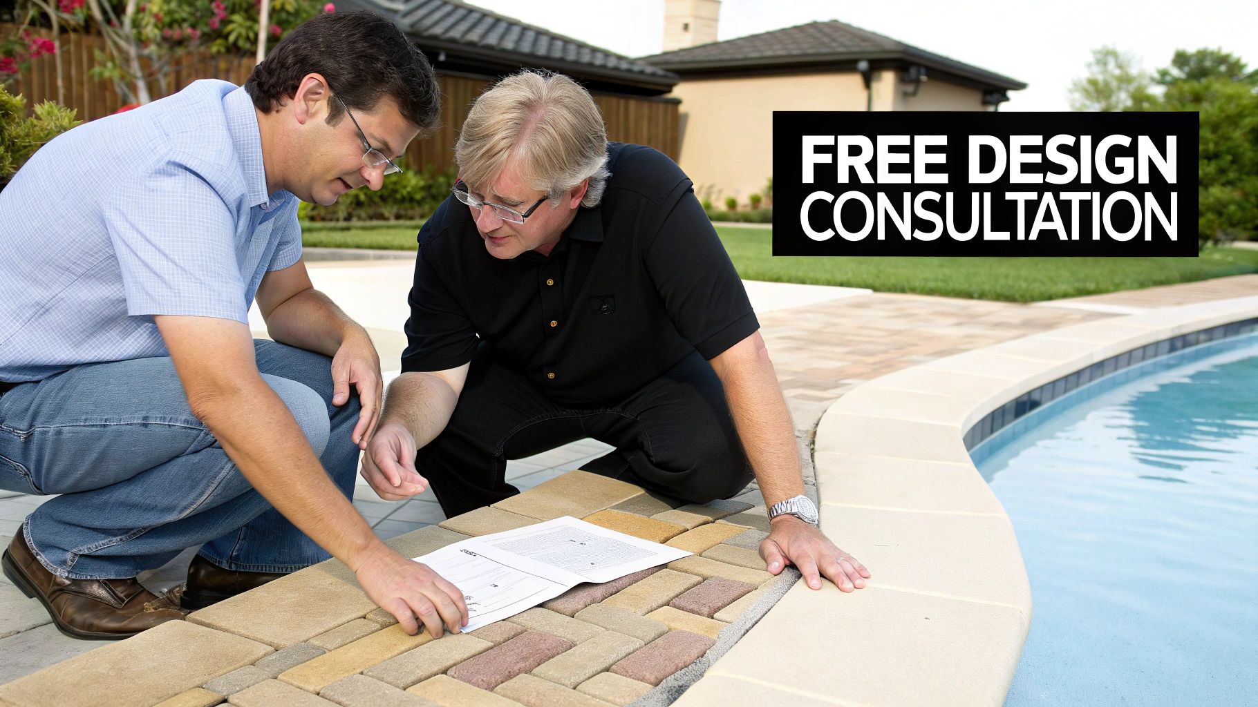 Two men discuss pool deck paver options with a design document next to a swimming pool, offering free consultation.