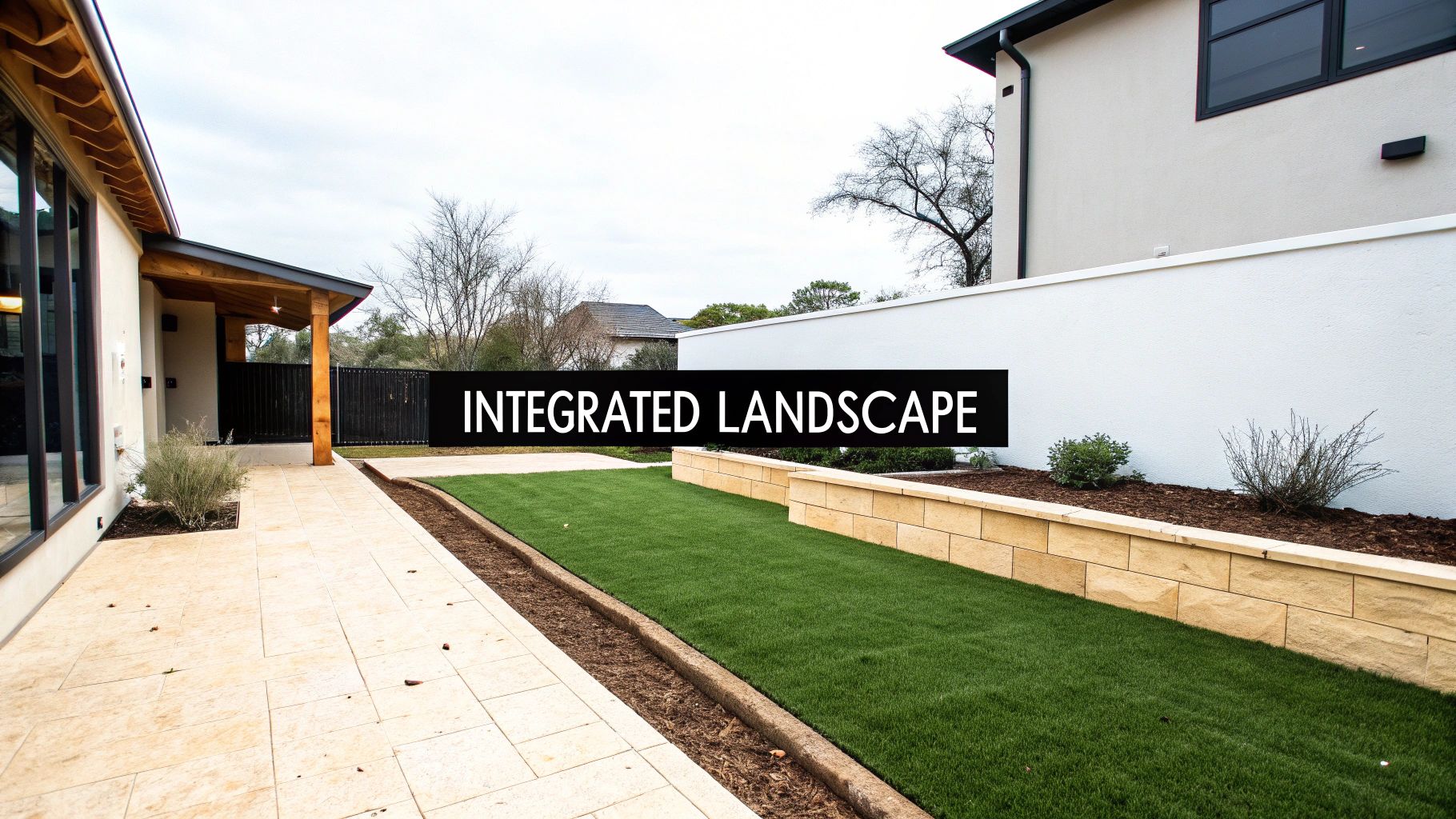 A modern residential outdoor living space featuring a paved patio, lush green lawn, stone retaining wall, and house.