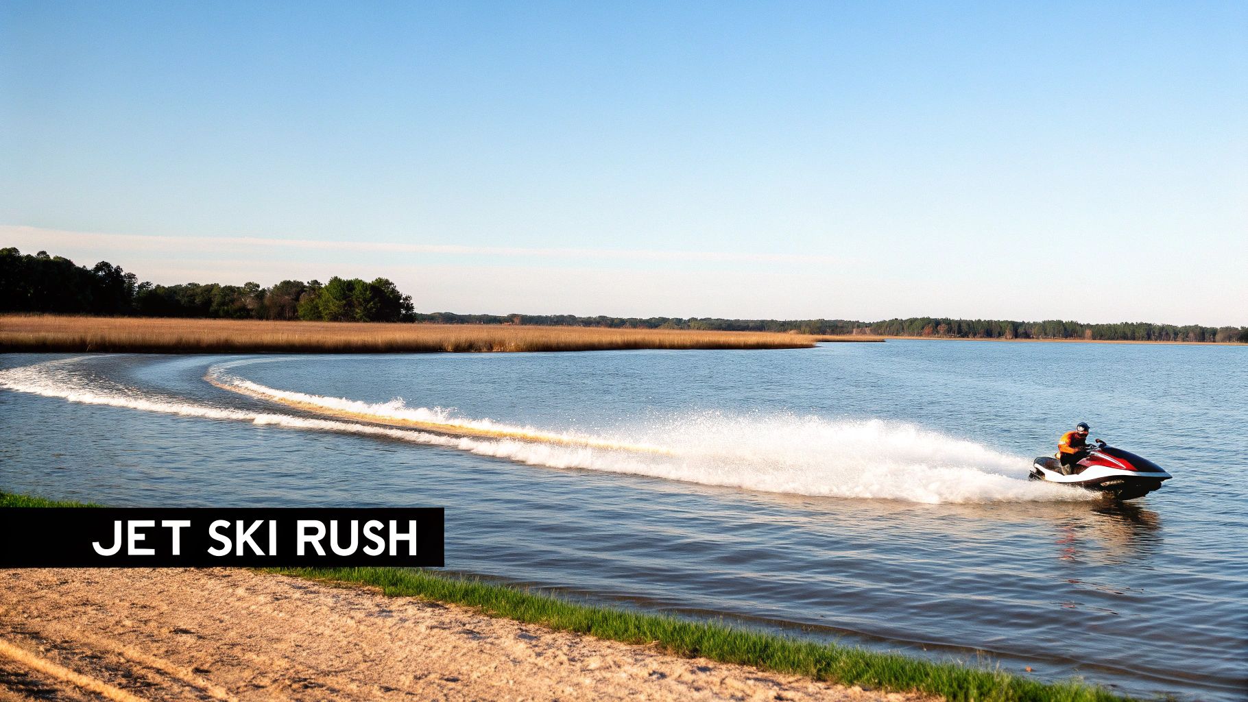 A person on a red and black jet ski speeds across a calm lake, creating a large white wake against a scenic shoreline.