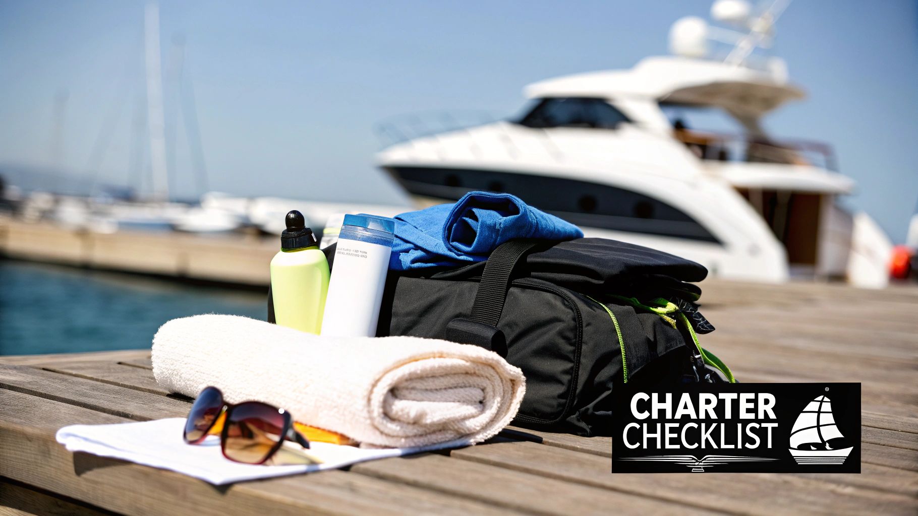 A duffel bag, towel, sunglasses, and bottles on a wooden dock with a yacht in the background, labeled 'Charter Checklist'.