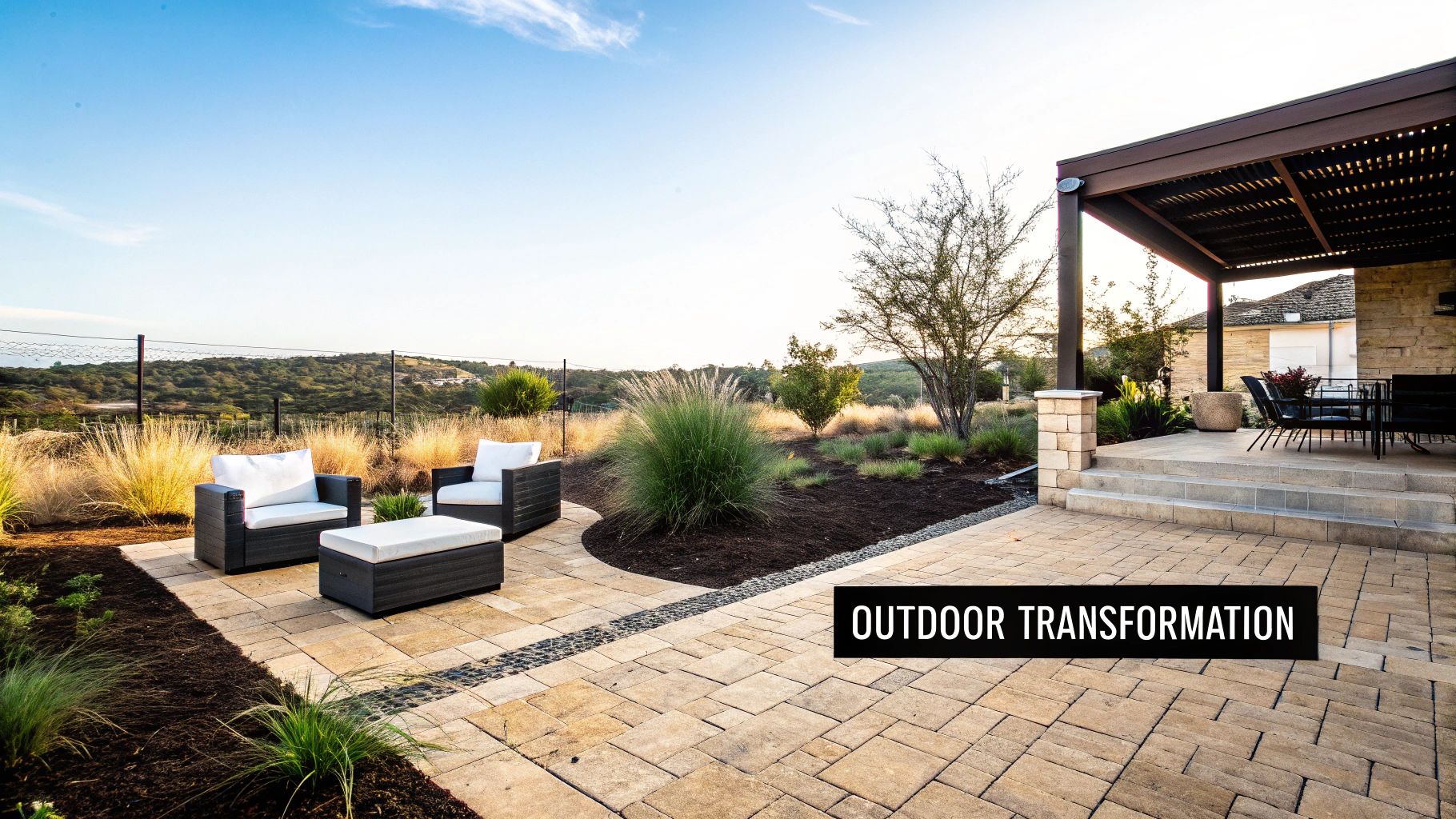 A beautifully transformed outdoor patio area with paved flooring, modern seating, lush landscaping, and a covered pergola.
