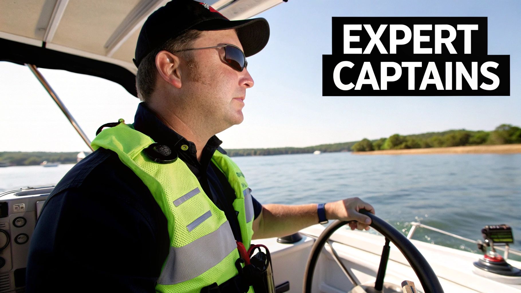 Man in sunglasses and a neon safety vest steering a boat on a sunny lake.