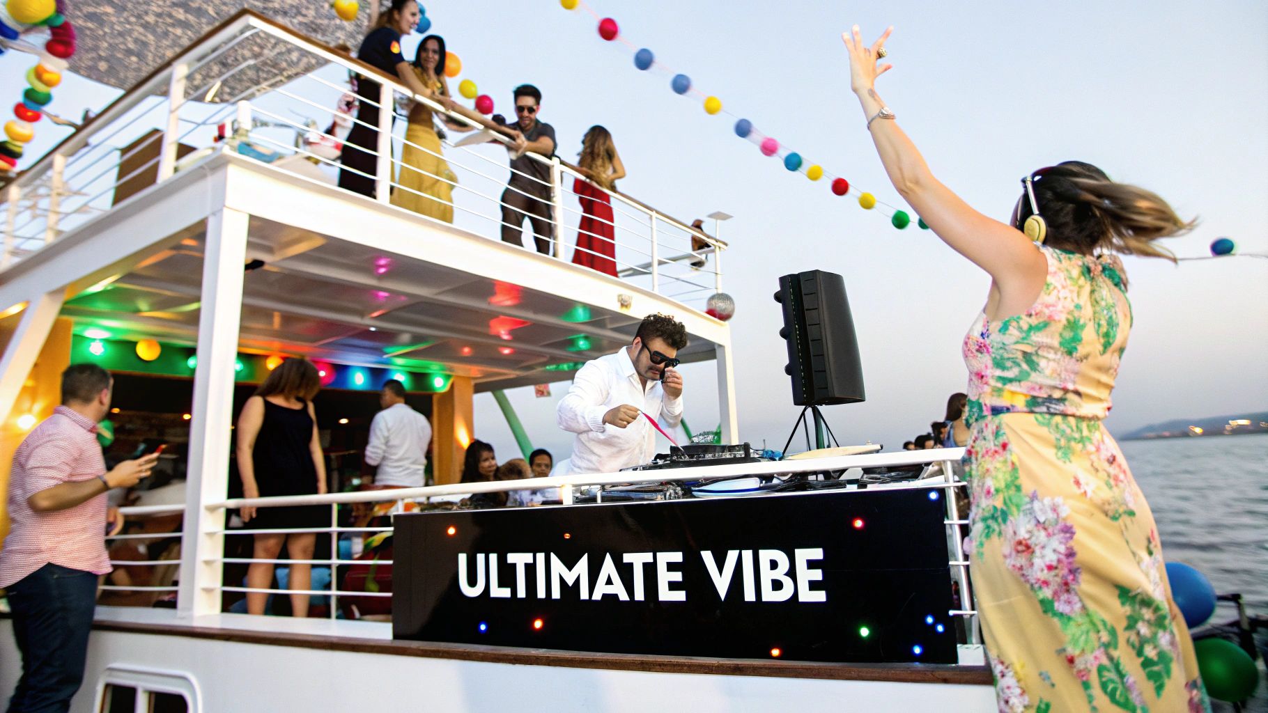 A group of friends having fun on a Lake Travis boat rental party