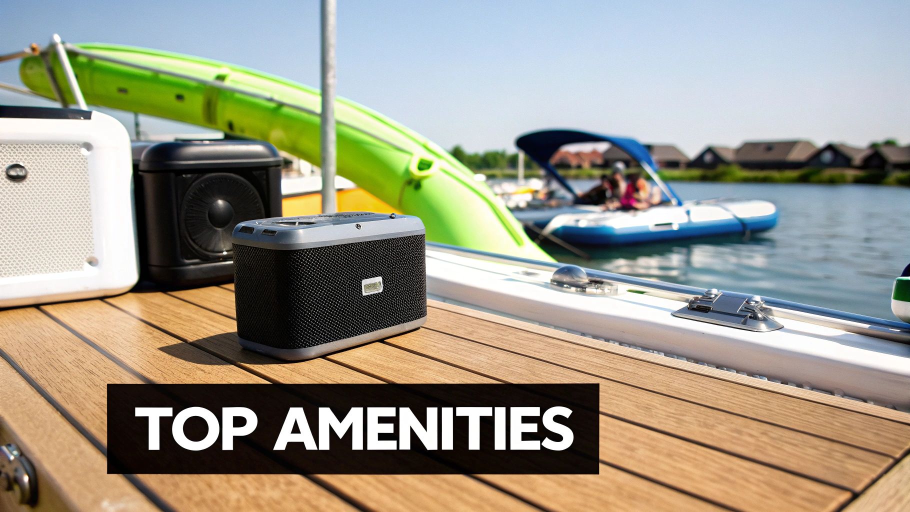 Portable boat speakers on a wooden deck overlooking a sunny lake with a slide and distant houses.
