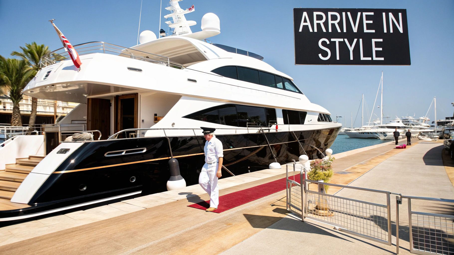A man in a captain's uniform walks on a red carpet towards a luxury yacht with an "ARRIVE IN STYLE" sign.