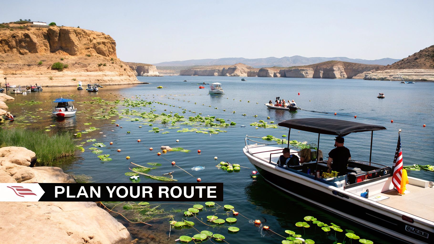 A sunny day on a lake with numerous boats, lily pads, and buoys, surrounded by rocky cliffs.