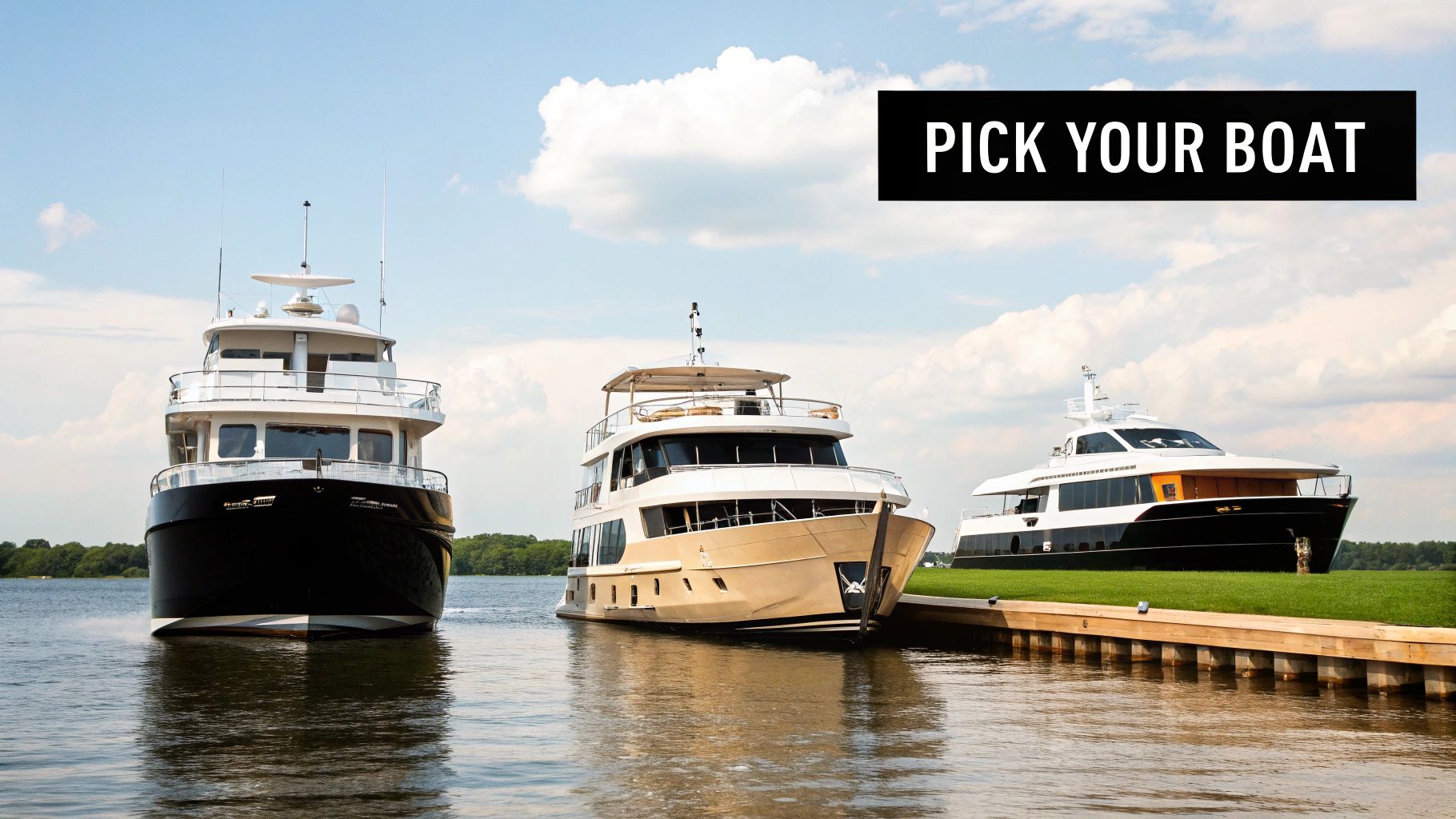 Three luxurious boats are displayed on a sunny day, two in water, one docked on grass.