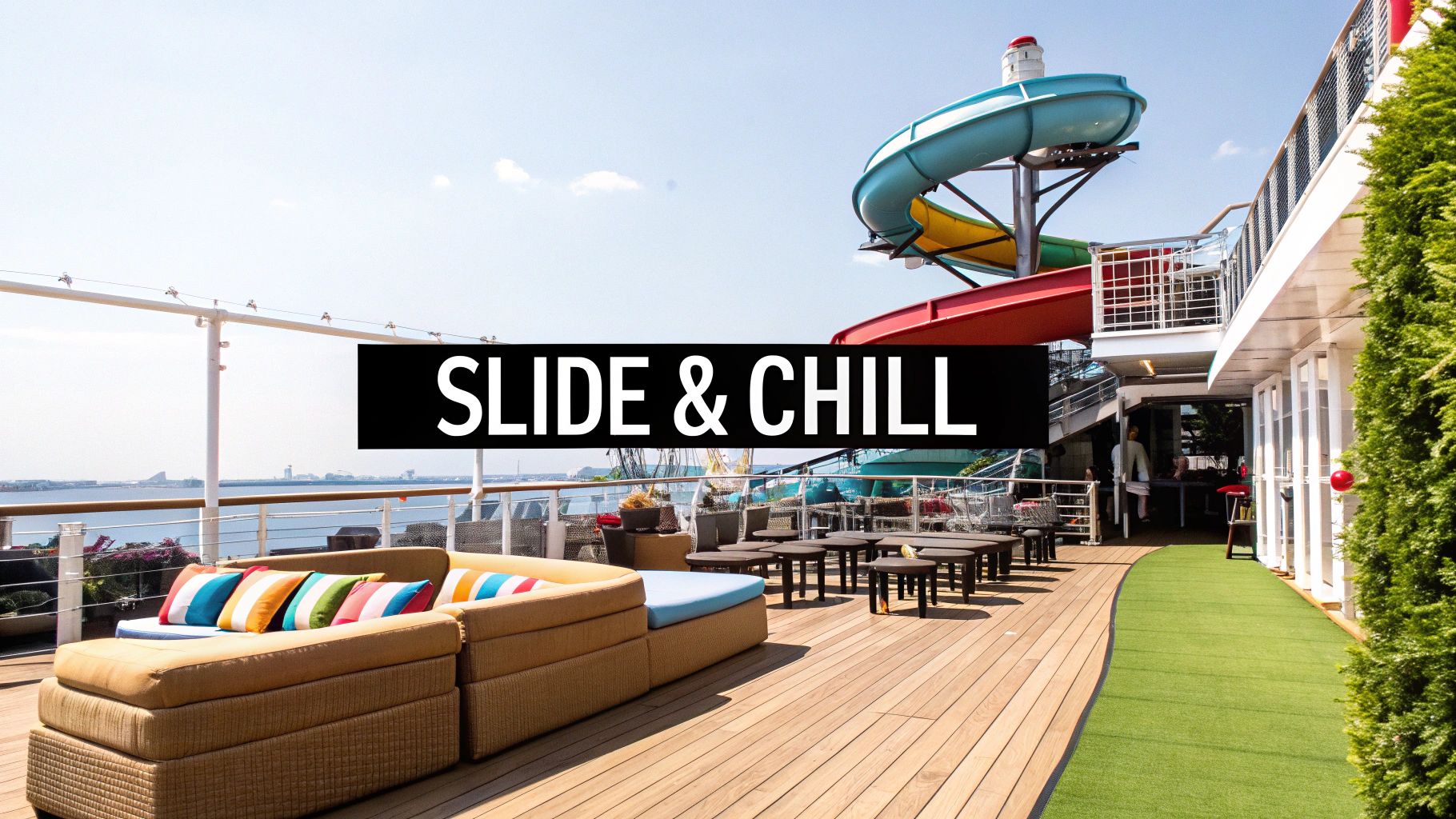 Friends cheering and laughing on the top deck of a double deck boat with a water slide