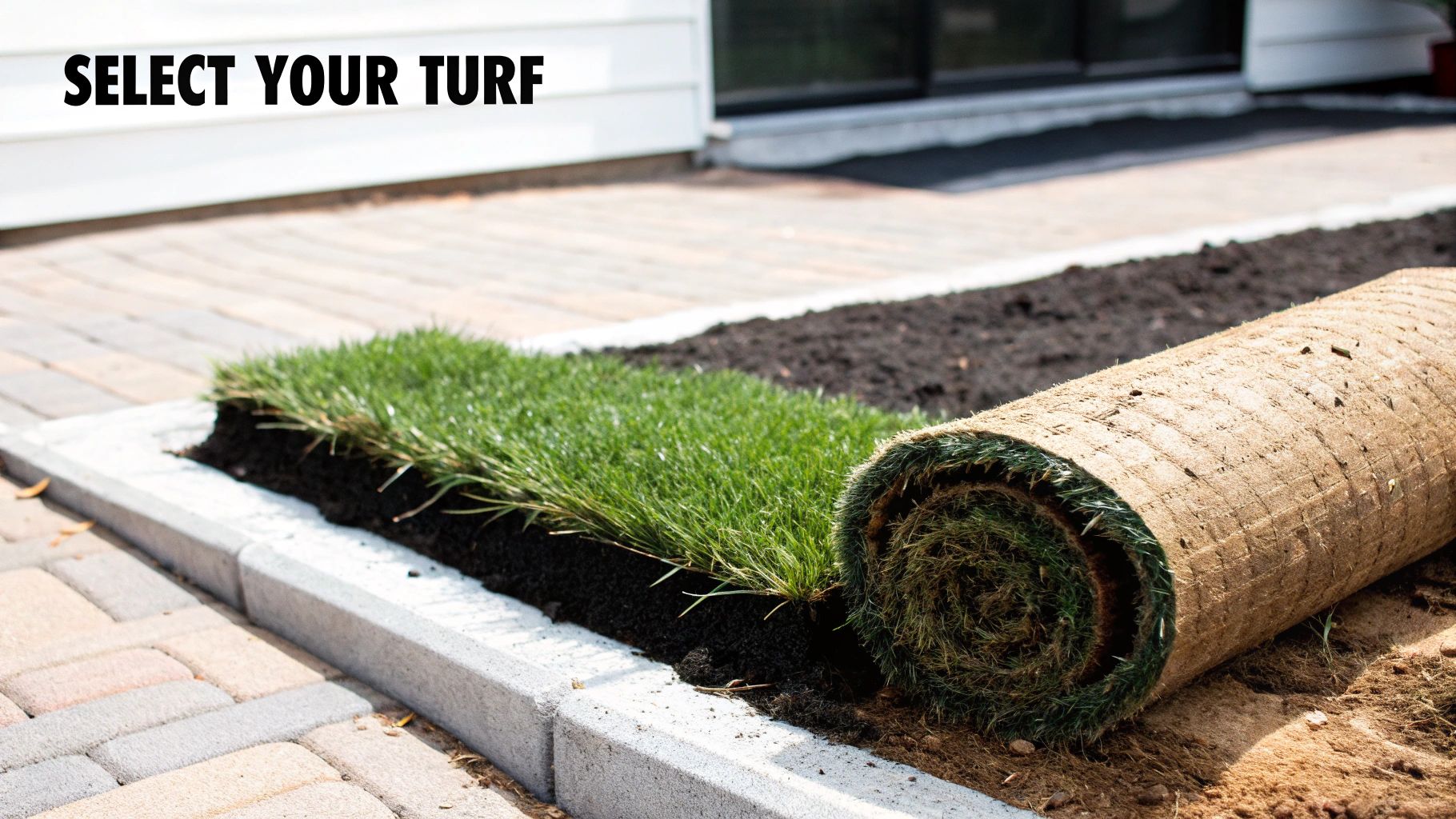 Fresh green sod being unrolled and laid on dark soil next to a paved path.