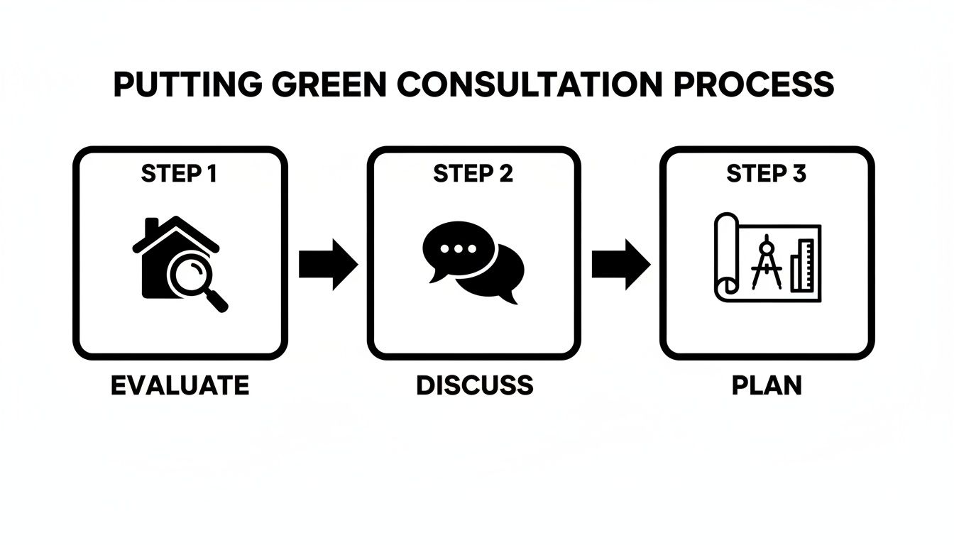 A three-step process diagram illustrating a putting green consultation: evaluate, discuss, and plan.